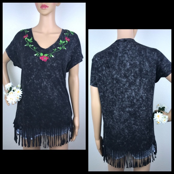 Anthropologie Tops - Anthro POL Acid Wash Embroidered Fringe Tee Shirt